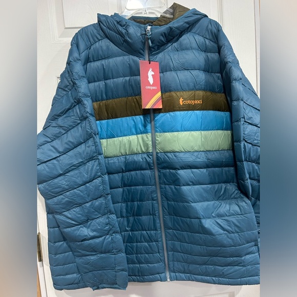 Cotopaxi Men’s XXXL Fuego Hooded Down Puffer Jacket Blue Spruce Stripes NWT - Picture 1 of 15